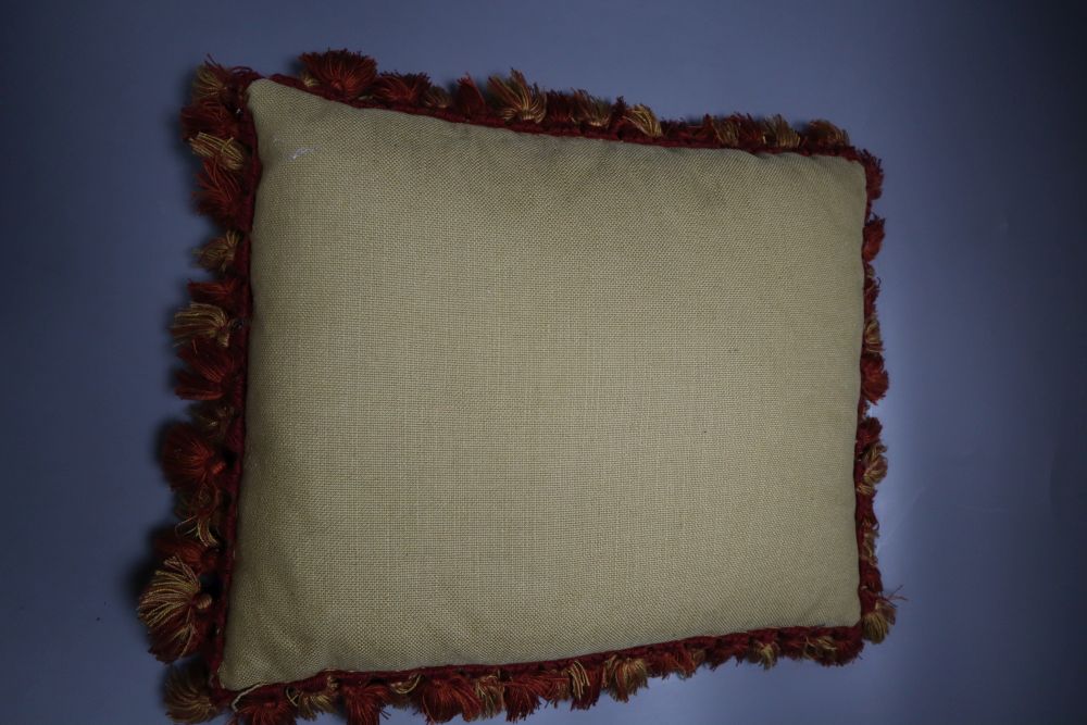 A pair of Aubusson cushions with tassel edge, 28 x 38cm